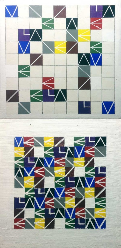 Emilia Azcarate (VZLA/ESP) Superior: Sudoku ( problem )  acrylic on wood  20 x 20 cm  2014 Inferior: Sudoku, ( solution )  acrylic on wood  13 x 13 cm  2014 