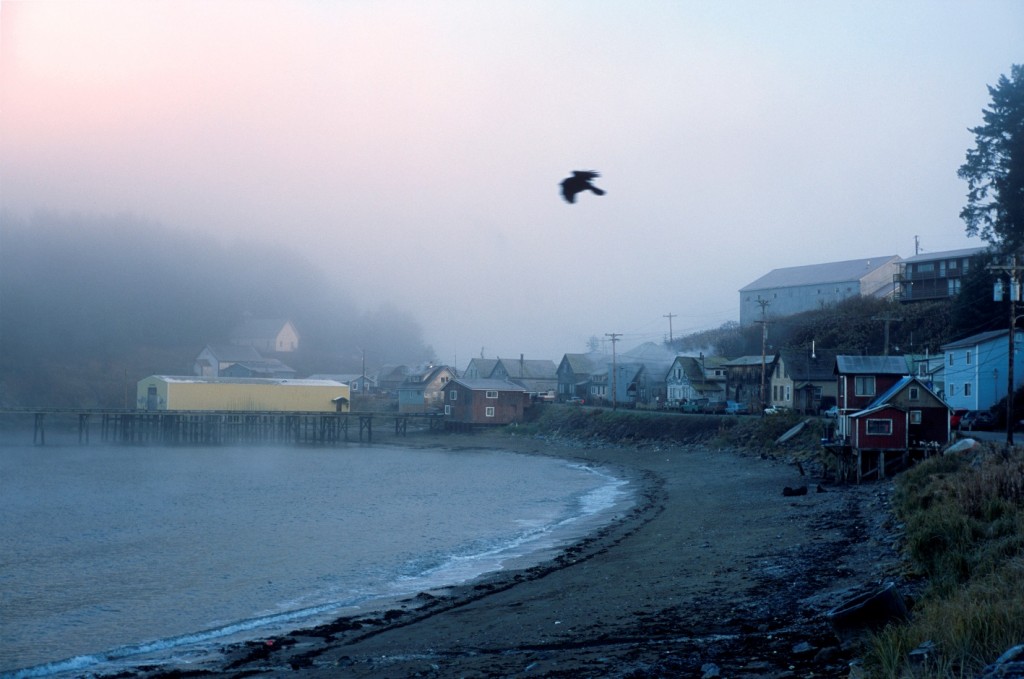 A bird takes flight over the waterfront of Angoon, Alaska, Saturday, Nov. 1, 2003. The Tlingit village of Angoon was leveled by the U.S. Navy in 1882 after an alleged cultural misunderstanding.