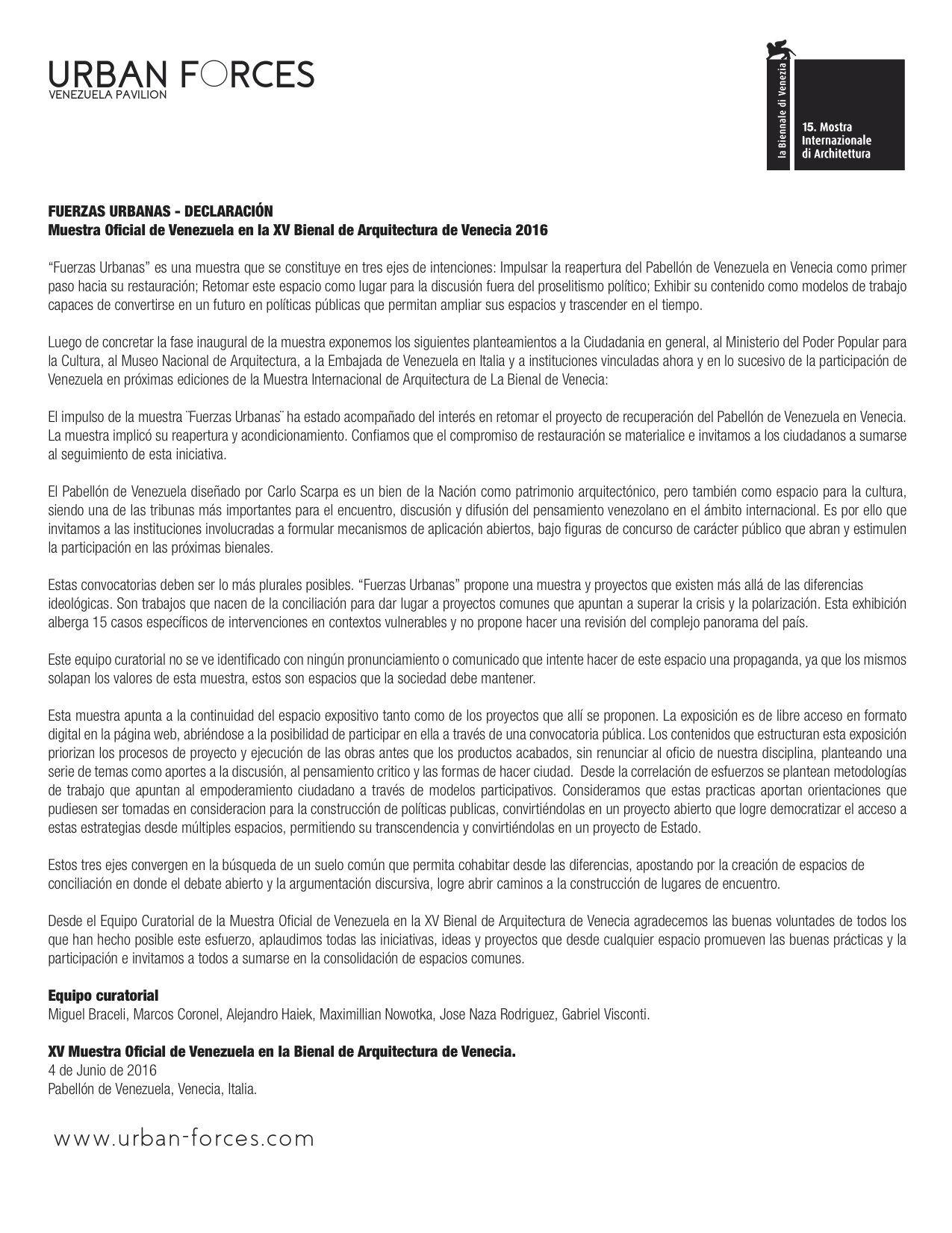 FUERZAS URBANAS – DECLARACIÓN Muestra Oficial de Venezuela en la XV Bienal de Arquitectura de Venecia 2016